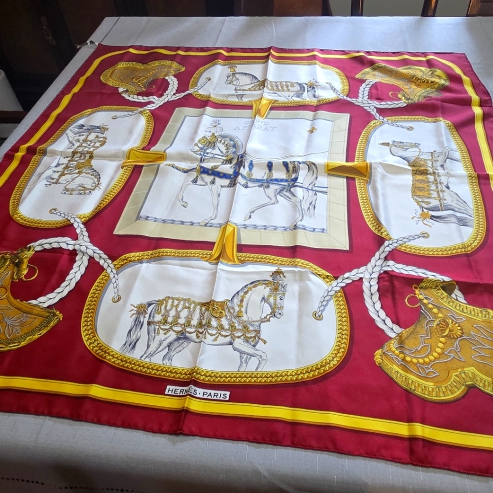 Hermès Paris Red and Gold Equestrian Scarf